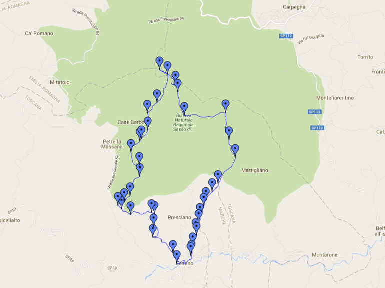 Map of the itinerary in the Natural Park of Sasso Simone e Simoncello starting from Sestino