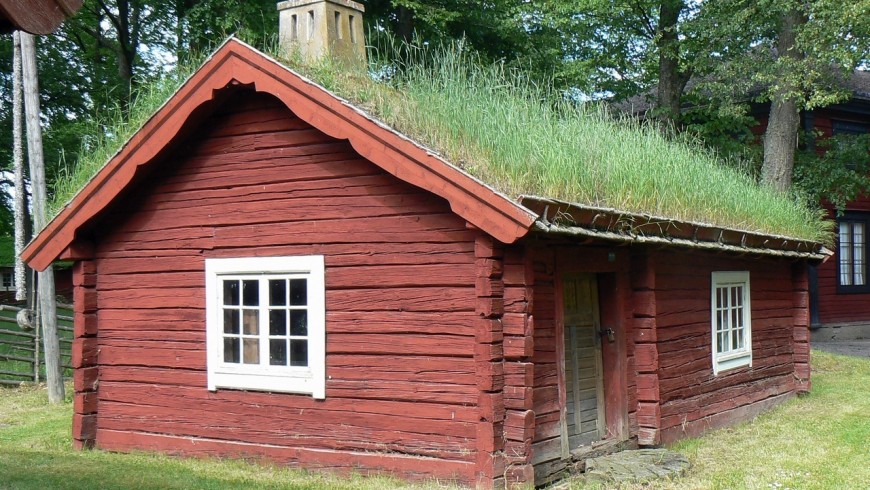 A red house with a grass roof
