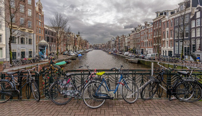 Bicycles on a bridge in Amsterdam