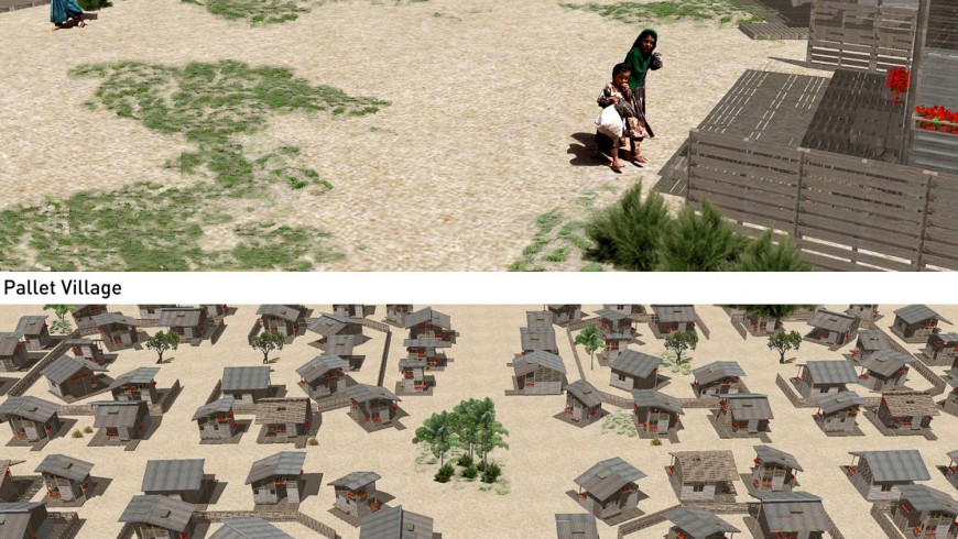 Rendering of a refugee camp in Somalia with the Pallet Houses