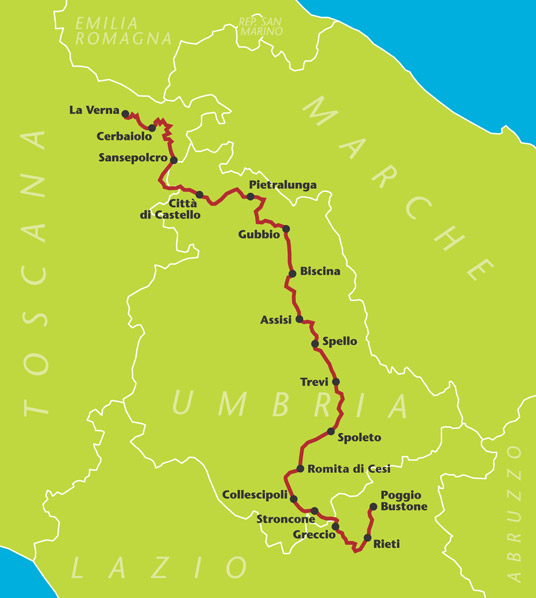 The Saint Francis Walk, from Assisi to La Verna, Casentino, Italy, Map