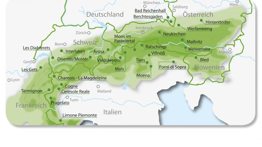 Map of Alpine Pearls, eco-sustainable and carfree destinations in the Alps