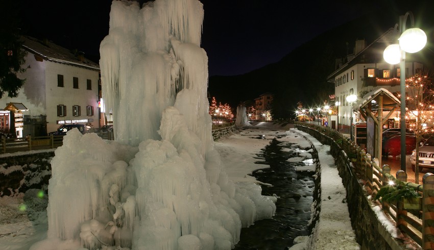 Ice Sculptures in the center of Moena, Trentino (Italy), at night