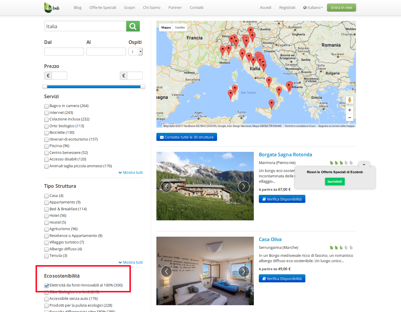 Map of Hotel and B & B with clean energy in Italy, doing a search for Eco-Sustainability criteria with Ecobnb platform.