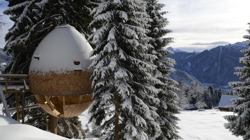 Tree house among the snowy forests, Udine, Julian Alps, Italy