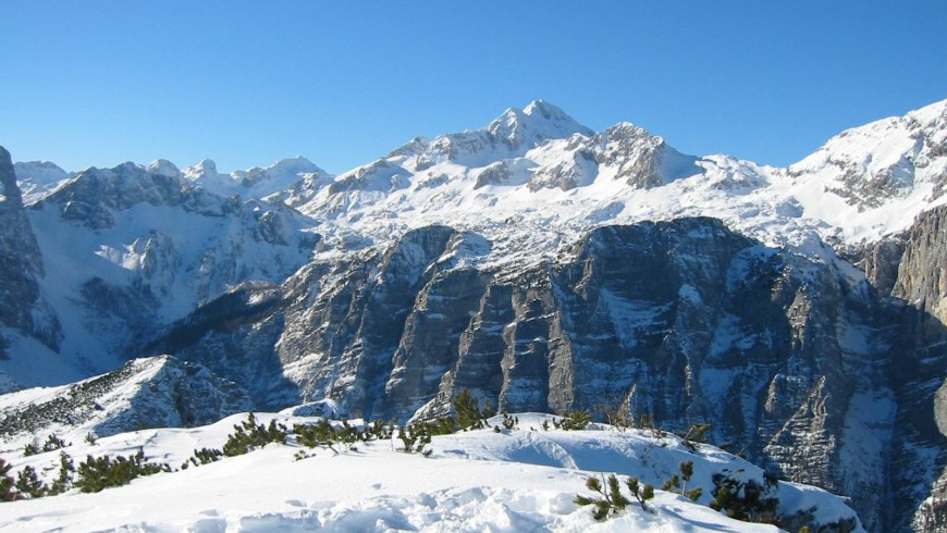 View of the snow-covered mountain Triglav (Slovenia's highest mountain)