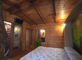 Bedroom with the bed open. There's a mirror in the room and the bathroom door