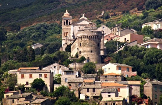 Picture of the town of Rogliano, surrounded by trees. The old houses of the historic center emerge, then ther's a stone tower and a belltower