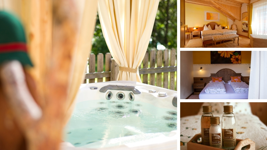 Outdoor jacuzzi, rooms, natural soaps. 