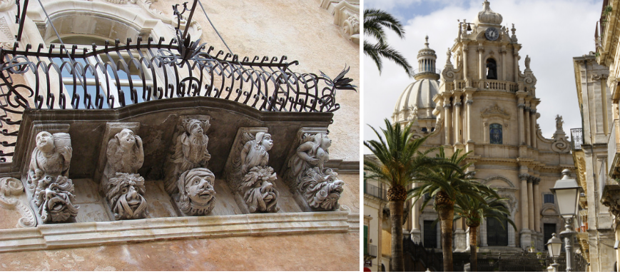 On the left, decorative detail on the facade of Palazzo Cosentini. On the right, St. George Cathedral in Ragusa Ibla.