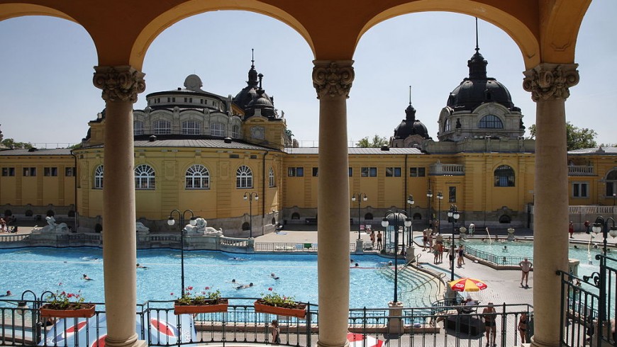 Outdoor swimming pool of the Széchenyi Bath in Budapest, Hungary
