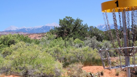 Disc golf field in the desert, surrounded by wild nature