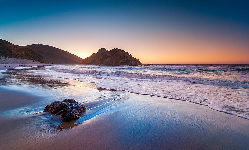 Purple beach and sea, at sunset, the last picture of the most colourful beaches