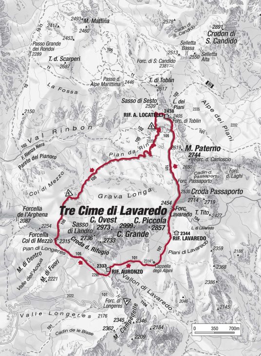 Map of the mountain Lavarendo, periplo of three tops