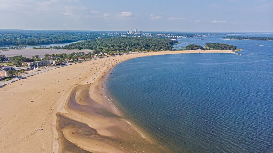 Aerial view of Orchard Beach (Pelham Bay Park) in The Bronx.
