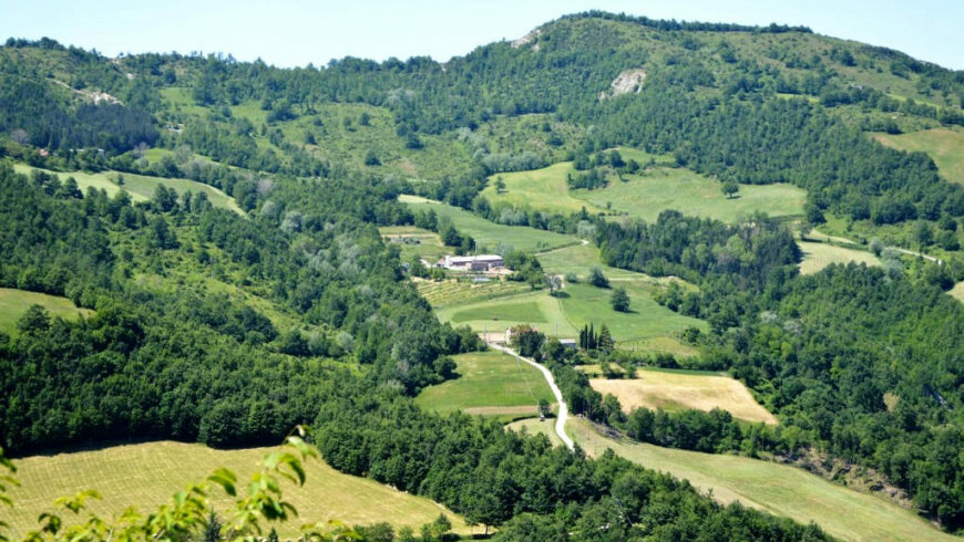 Top view of the Fattoria dell'Autosufficienza surrounded by nature