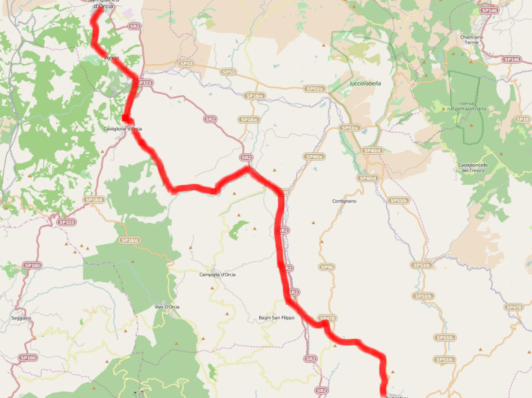 Map of the itinerary from San Quirico d'Orcia to Radicofani, Tuscany, following the via Francigena route