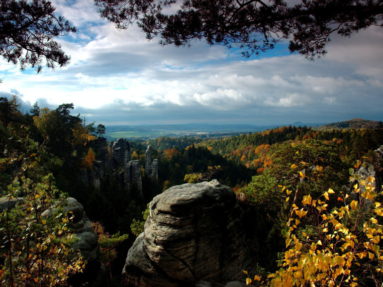 Photo of Prachov Rocks with children, Photo from Bohemian Paradise in Czech Republic from up. 