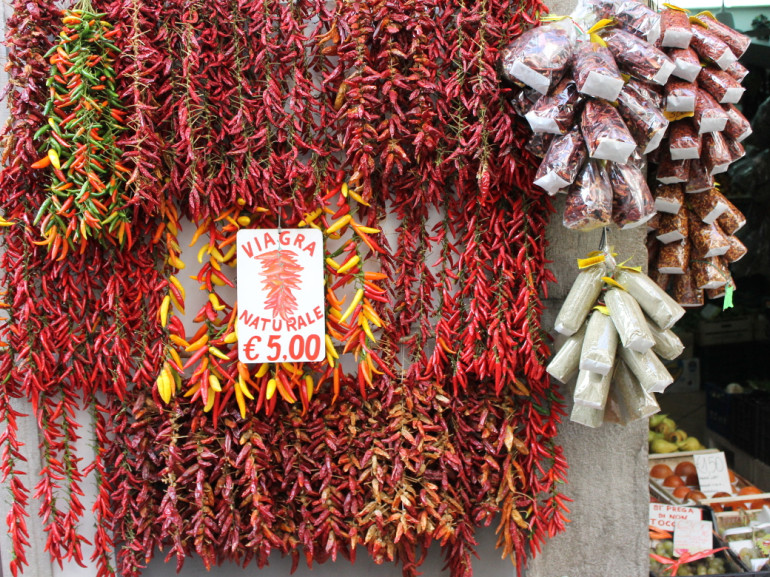 Red chili in a market stall in the old town of Amalfi.