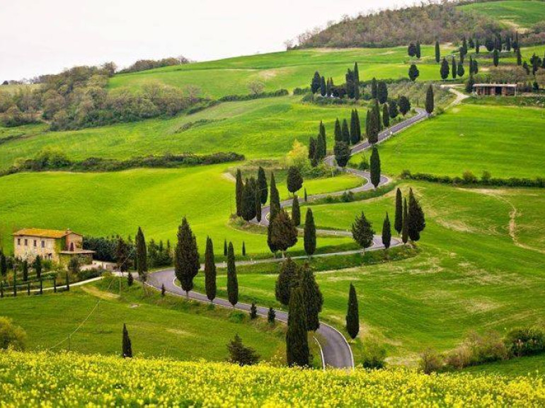 Gentle, carefully cultivated hills in Val d'Orcia, occasionally broken by farm houses and by picturesque villages.