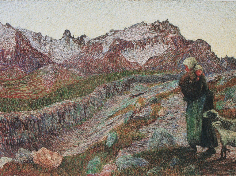 a painting with a lady with her children and two sheeps, watching at the mountains on the back