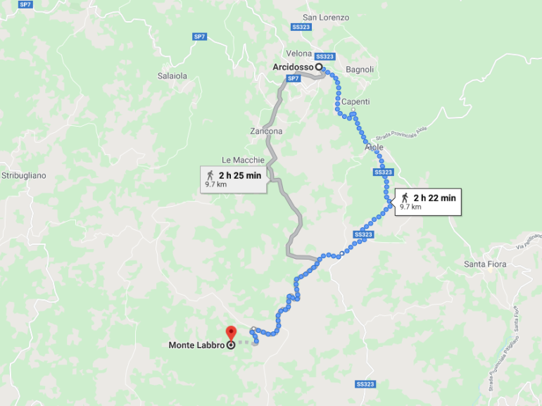 Mappa dell'itinerario a piedi da Arcidosso al Monte Labbro