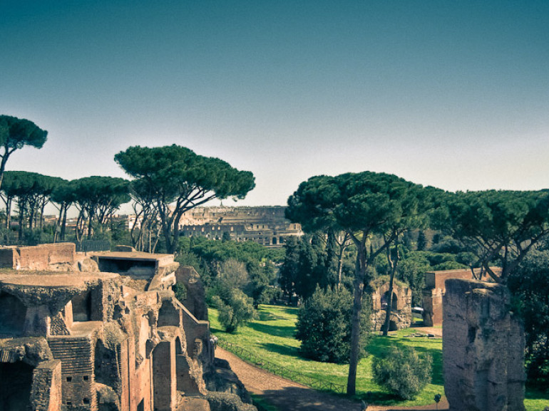Palatino and Colosseum in Rome, surrounded by green
