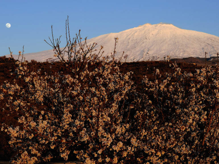 View of Mount Etna covered with snow