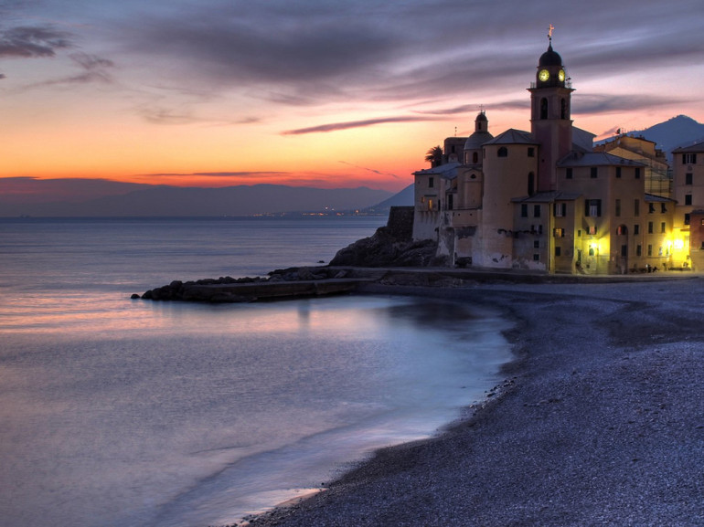 View of Camogli from the beach, picture made at the dusk