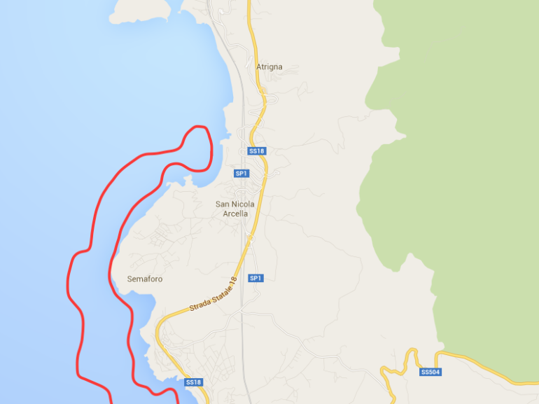 Map of the itinerary from Arco Magno di San Nicola Arcella to Crawfor Tower: a canoe ride in Calabria