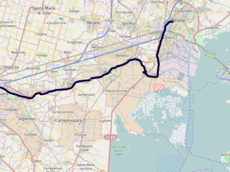 Map From Padua to Venice by bike