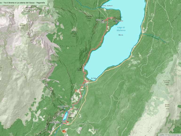 Map of the itinerary on foot from Lake Nembia to Lake Molveno