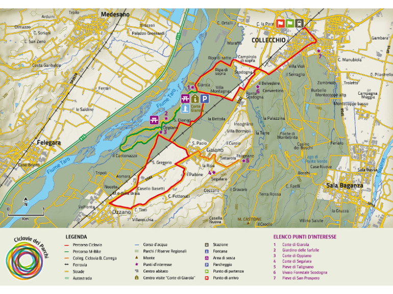 Map of the cycling itinerary in the Natural Park of Taro, Collecchio, Parma, Emilia Romagna