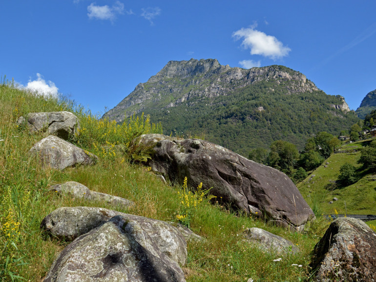 alpine ladscape: mountains, blue sky and rocks