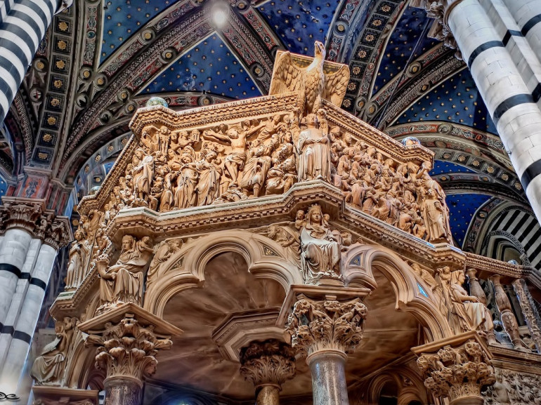 This marble pulpit in the Duomo of Siena was carved by Nicola Pisano in 1268