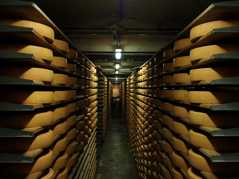 lot of cheese on shelves