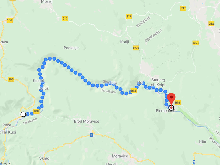 Map of the itinerary following the river Kulpa - by Google Maps