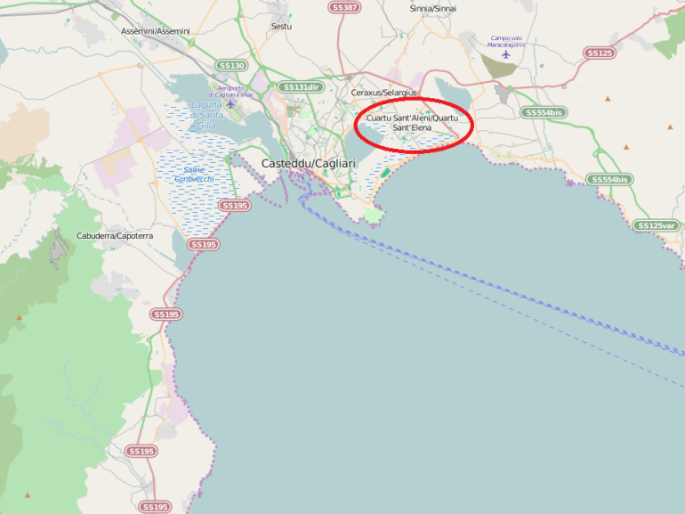 the map of the area around Cagliari