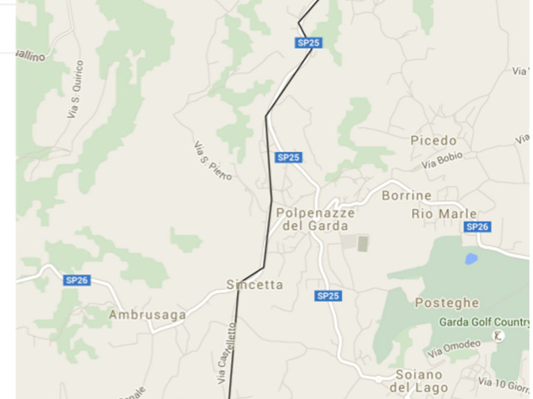 Map of the cyclotour from Soliano to Sovenigo Lakes, near Garda Lake, Italy