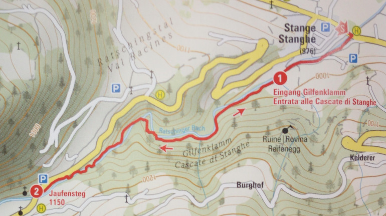Map: itinerary to discover the Stanghe Falls