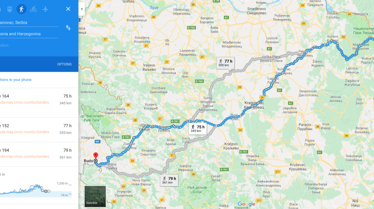 Map of the itinerary from Donji Milanovac to Rudo